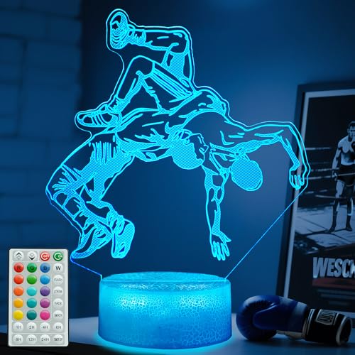 Image of Wrestling Night Light, Wrestler Gifts, Wrestler 3D Illusion Lamp with 16 Colors Changing, Remote Control and Dimmable, Kids Boys Girls Room Decoration, Holiday Xmas Gifts