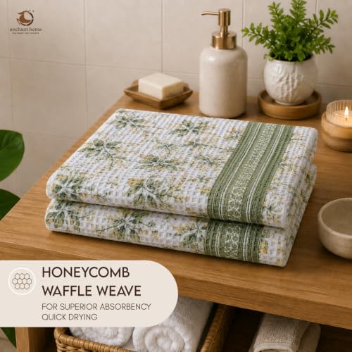 Image of Pure Cotton Printed Waffle Towel | Lightweight | Antimicrobial and Water Absorbent | Soft Touch Quick-Drying Bath Towel (Sage Botanical, Pack of 1)