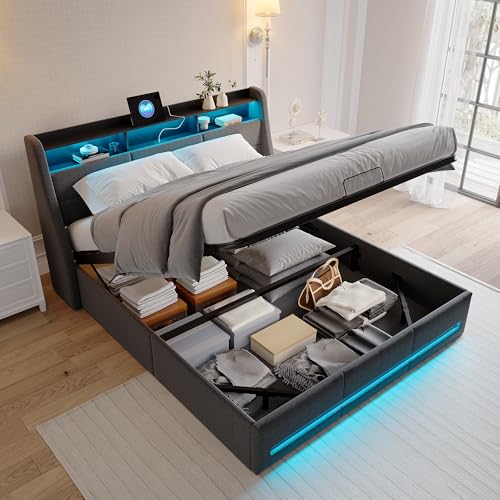 Camas Matrimoniales con usb, Cama con Almacenaje y Cargador 140x190 cama Matrimonio Tapizada con Espacio de Almacenamiento y luces led Marco de CAMAS con Cabecero,Sin Colchon (D Gris Lino, 140x190 cm)