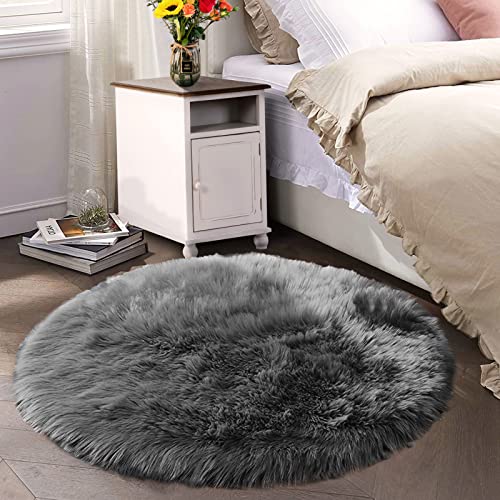 Latepis Round Area Rugs Dark Gray 6.7ft Faux Sheepskin Fur Circle Rug for Living Room Bedroom Fluffy Shaggy Furry Rug Room Decor