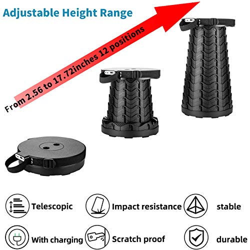 Image of Portable Telescopic Stool with Mobile Charger 4400mAh, Collapsible Stool Built-in Phone Charger for iPhone Android, Foldable Seat for Camping Hiking Fishing Picnic Max Load 400lbs