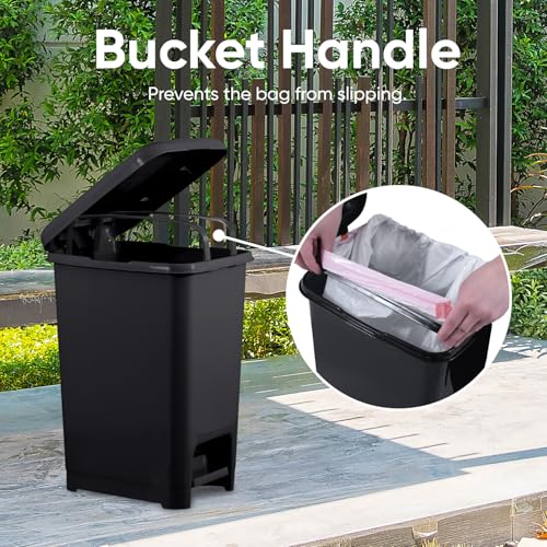 Image of Superio Kitchen Trash Can, Slim Step On Garbage Can with Foot Pedal, 16 Gallon, 64 Qt. Large Black Heavy Duty Plastic Trash and Recycling Bin