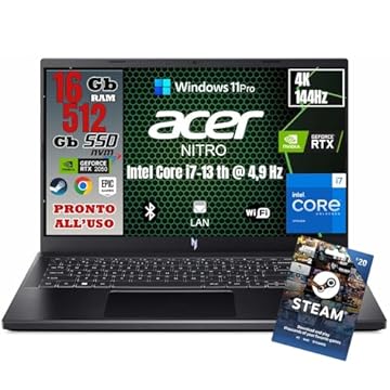 acer NITRO V15 Notebook Gaming, Processore Intel I7-13620H, RAM 16Gb Ddr5, 512Gb SSD, 15.6 144HZ IPS, Nvidia GeForce RTX 2050 4 GB GDDR6, Win 11 Pro, Tastiera Retroilluminata, Preconfigurato.