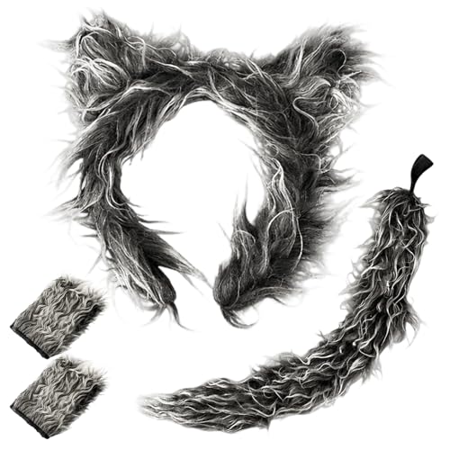 TUBAWD 4Pcs Wolf Ears Grey Wolf Ears and Tail Set Adult Wolf Costume Accessories Four-Piece Cosplay Set Furry Ears with Adjustable Headband Fancy Dress Party Props