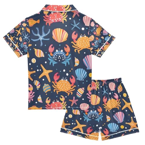 senya Colorful Crabs Shells Satin Summer Pajama Sets Silk Short Sleeve Button Down Sleepwear2