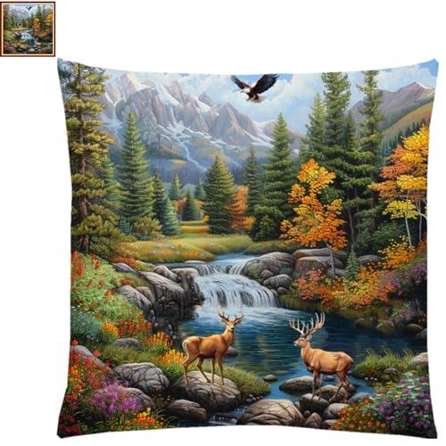 Image of Fanxvivy Stamped Cross Stitch Kits for Adults Beginners Pillow Needlepoint Kit with Embroidery Pattern Needlework Kit Prestamped Stitches Kit 11CT Cross Stitching-Deer Landscape 18x18 inch