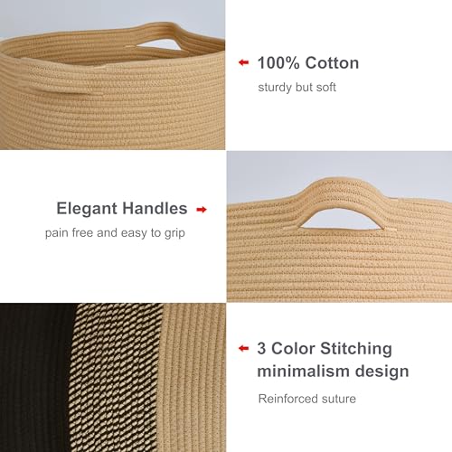 Image of Cotton Rope Blanket Basket, 72L Tall Laundry Hamper, Brown & Black | 16 inchx 22 inch, Large Collapsible Woven Nursery Hamper with Sturdy Handles for Clothes Toys Towels, Bedroom Living Room Bathroom