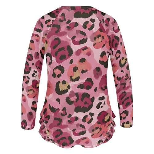 Girls'Swimwear Swimsuit Rash Guard,Wildlife Pink Leopard Print Long Sleeve One Piece Bathing Suits for Kids Toddlers,Quick Dry Swimming Suit Zipper 4T3