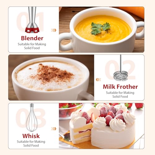 Image of KOIOS Immersion Blender, 1000W Anti-scratch 3-in-1 Hand Blender, Upgraded 12 Speed Stainless Steel Blade Stick Blender with Turbo Mode, Whisk and Milk Frother, Non-BPA, Red