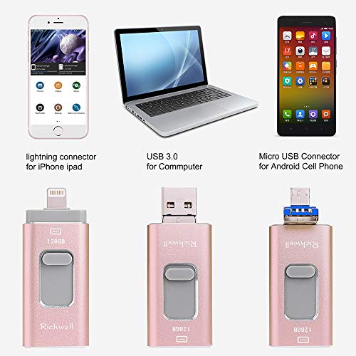 USB Flash Drive 128G Thumb Drive for iPhone Photo Stick 3in1 USB 3.0 Memory iPad Flash Drive USB Stick External Storage Richwell Password/Touch ID Protected/Android and Computer(Pink128G-XT)