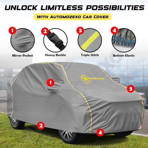 Image of Maruti WagonR Waterproof Car Cover with Mirror Pockets Triple Stitched Bottom Elastic Adjustable Belt & Cotton Inner Layer All Weather Protection Against Scratches Rain Dust UV Rays-Grey
