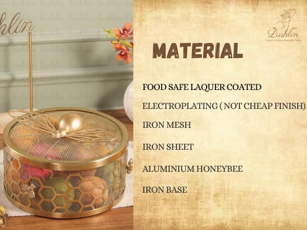 Image of LUSHLIN Metal Fruit Basket with Lid for Kitchen & Dining Table | Insect Proof Mesh Fruit & Vegetable Basket | Countertop Storage Basket for Fruits, Vegetables & Snacks (Gold, 28.5 cm)