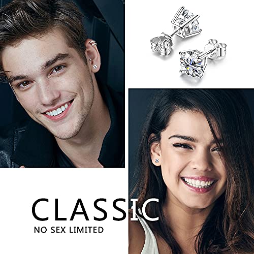 Sllaiss Sterling Silver Cubic Zirconia Stud Earrings for Women Men 14k White Gold Plated Round CZ Earrings for Sensitive Ear (6.5MM (2CT), SILVER)2