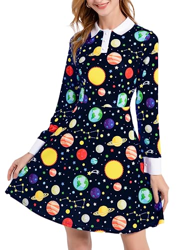 AXUIOKRY Womens Costume Black Planet Print Science Teacher Dress Adult White Peter Pan Collar Halloween Fit Aline Dress AX02-1-XL