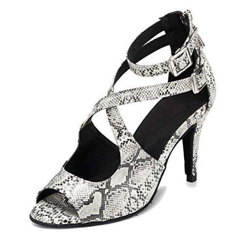 MGM-Joymod Women's Stiletto Heel Peep Toe Snakeskin Synthetic Ankle Strap Latin Tango Social Dance Prom Shoes/Silver 10 M US