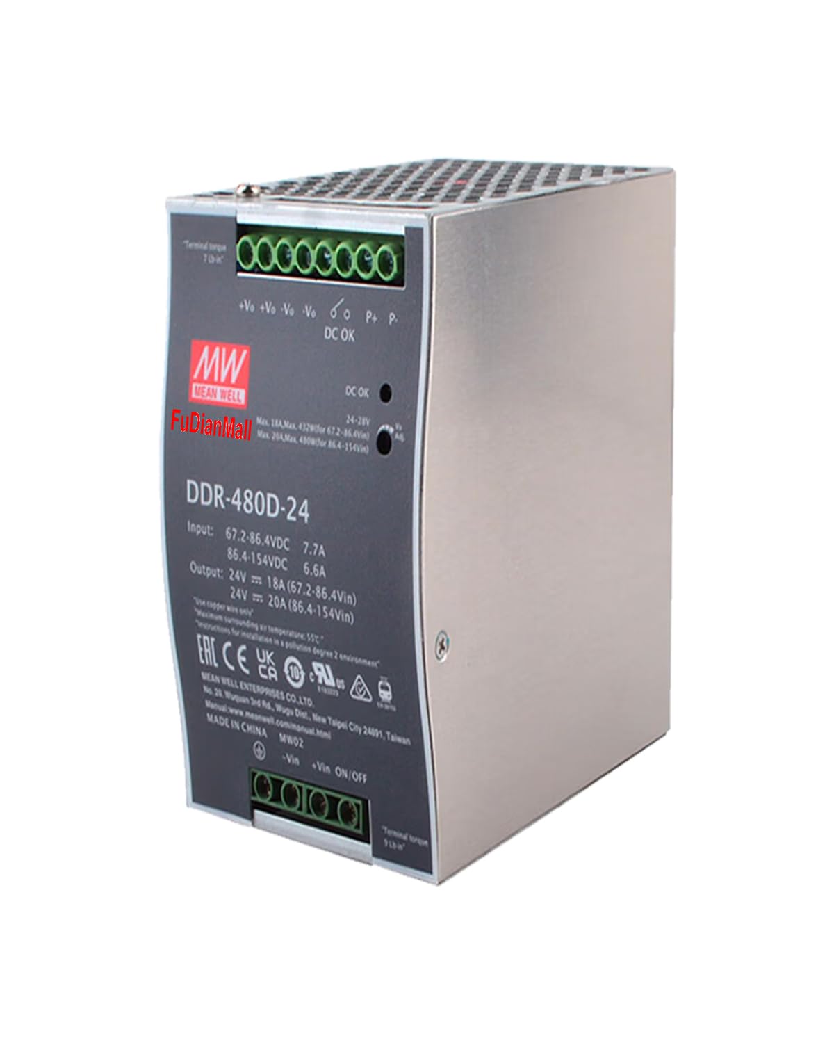 Mean Well DDR-480D-24 480W DIN Rail Type DC-DC Converter 24V 20A Fully Modular Power Supply