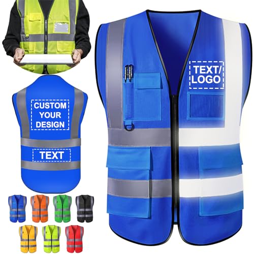 ShAxzHen Custom Safety Vest for Men Woman with Logo Pockets Personalized High Visibility Protective Workwear With Reflective Strip Blue XL
