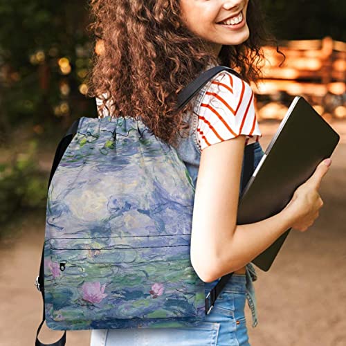 JooMeryer Monet Drawstring Backpack Large Capacity Front Zipper Pocket Yoga Gym Sports Beach Sackpack,Monet Water Lilies3