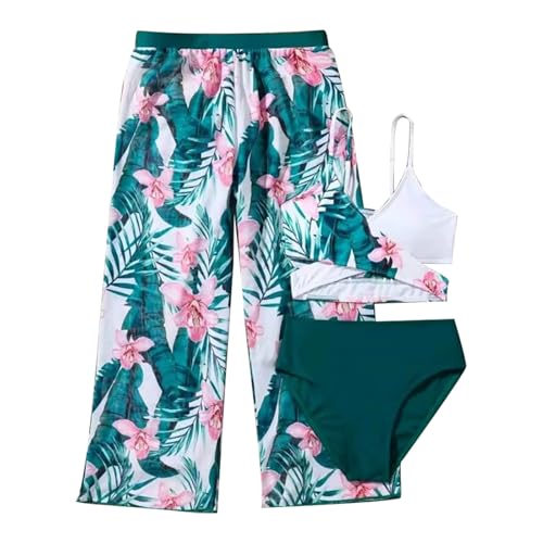 Girls Swimsuit 3 Piece Kid Tropical Floral Swimwear with Cover Up Pants Kids Bathing Suit Qui𝐜k Dry Swimwear