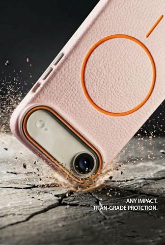 Image of amazon basics Luxury MagSafe Compatible Leather Texture Back Cover for iPhone 17 Air | Raised Camera Protection | Slim Fit Shockproof Case with Metallic Accents (Pink)
