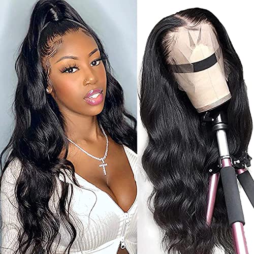 SUNYUON Lace Front Wigs Human Hair Body Wave 13x4 HD Lace Frontal Wig Pre Plucked with Baby Hair Brazilian Human Hair Wigs for Black Women 150% Density Natural Color(28inch)