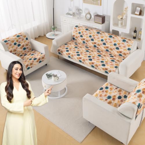 Image of HOKIPO Boho Wildflower Quilted Sofa Cover 5 Seater Set - Washable 3+1+1 Sofa Cover for Seat & Back with Tassel Design | 'Tassel Twigs' Series (IN-991-T11 + IN-989-T11)