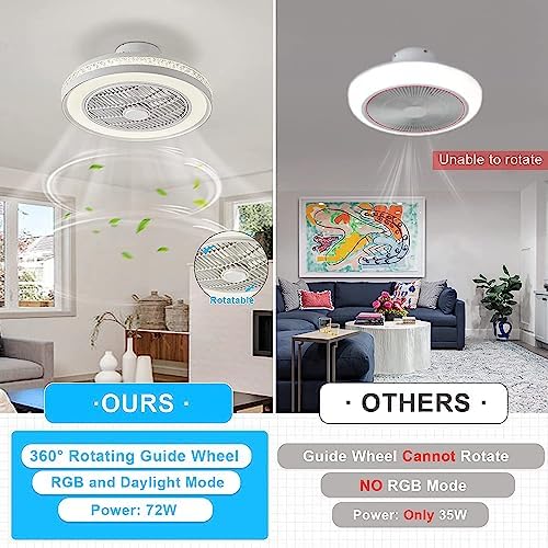 IZOWE Ceiling Fans with Lights RGB, Color Changing Modern Bladeless Ceiling Fans with Lamps, 50CM Dimmable LED Enclosed Flush Mount Low Profile Ceiling Fan with Light for Bedroom Kitchen 3 Speed