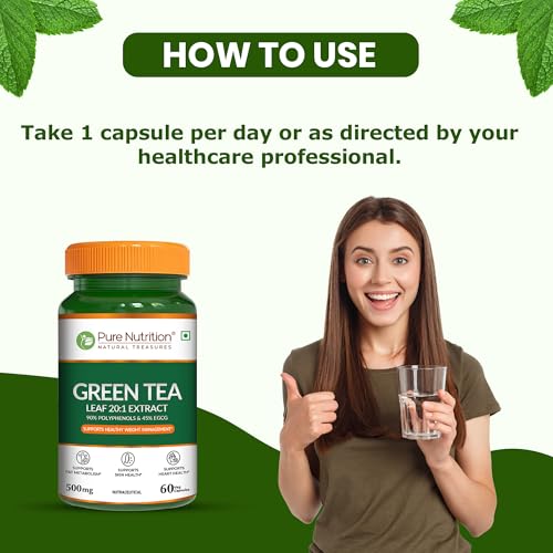 Image of Pure Nutrition Green Tea for Weight Loss | Green Tea Leaf Extract 500mg | 90% Polyphenols & 45% EGCG | Fat Cutter Supplements | Antioxidant Support | Energy & Metabolism Support | Skin & Heart Health Support - 60 Veg Capsules