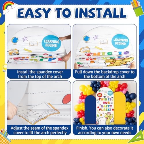 3 Pcs Back to School Arch Backdrop Covers 4ft 5ft 6ft Notebook Pencil Bow Fitted Round Top Arch Stand Cover First Day of School Photo Props Background for Welcome Classroom Birthday Party Decor - 3