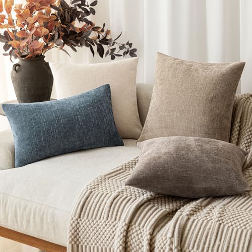 Image of Foindtower Pack of 2 Textured Chenille Throw Decorative Pillow Covers Square Accent Solid Cushion Cover Neutral Farmhouse Lumbar Pillow Case for Couch Sofa Bedroom Living Room 12x20 Inch,Blue