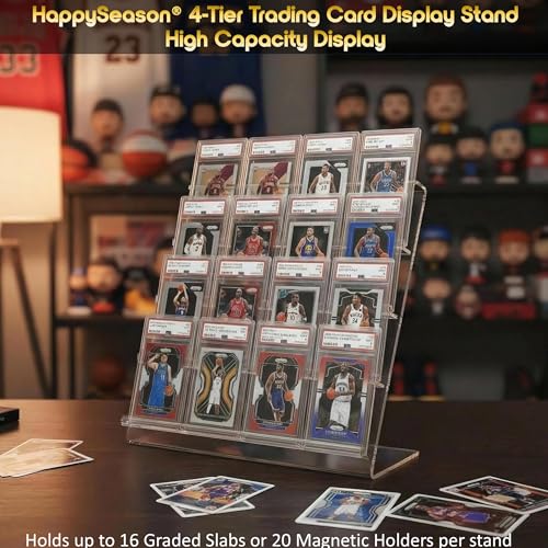 Image of Happyseason 2 Pack 4-Tier Acrylic Card Display Stand, Graded Card Display for PSA Slab Display, Baseball Card Display, Pokemon Pack Display, Card Stand for Sports Cards (Clear, Interlocking)