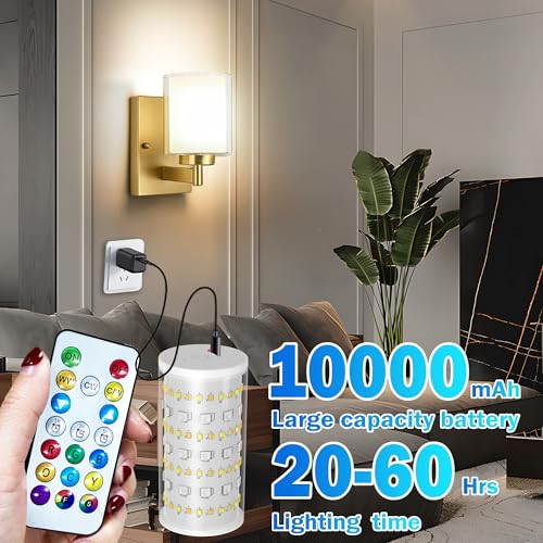 Image of Battery Operated Wall Sconce Set of 2, 10000mAh Wireless Rechargeable Wall Sconce with Remote Control, RGB Dimmable Bathroom Light Fixtures with Double Clear Glass Shade for Mirror Bedroom