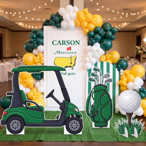 Image of 3 Pcs Golf Birthday Decor Cart Ball Bag Cardboard Cutouts | Sturdy Bases, Retirement Shower Photo Props, Golf Bag Ball Cutouts, Sports Party Background, Themed Standees for Celebrations