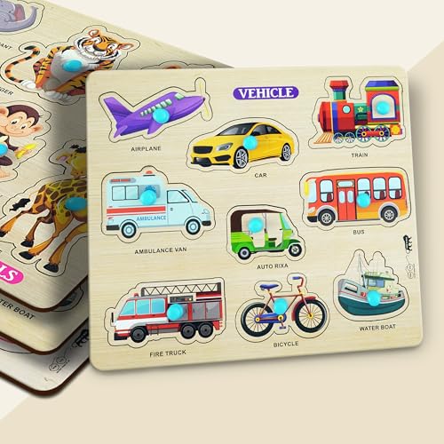 Image of Lefan Wooden Puzzle Combo Set for Kids Vehicle, Fruit & Animal Knob Puzzles Montessori Educational Toy for Toddlers 2 Years+ Fine Motor Skill Learning Wooden Board Toy Gift