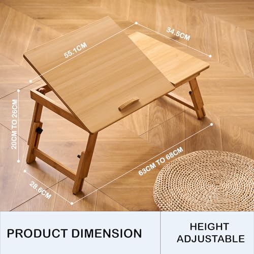 Image of Lukzer Adjustable Bamboo Laptop Table for Bed & Sofa Foldable Wooden Desk with Tilting Top, Notebook Stand, Drawer, Anti-Slip Legs Multipurpose Study Tray for Work Reading Breakfast & More CH-224