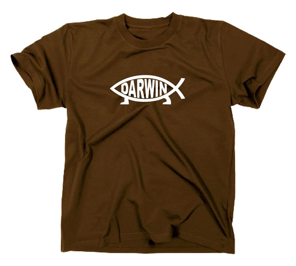 Darwin Fish T-Shirt, nerd geek evolution atheist fish, M, brown