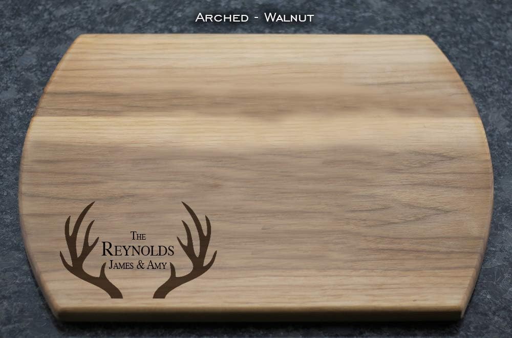 Antlers - Personalized, Engraved Cutting Board with Couple's Names and Last Name in Maple, Cherry, Walnut, or Mahogany, Wedding Gift, Anniversary Gift, House-Warming Gift