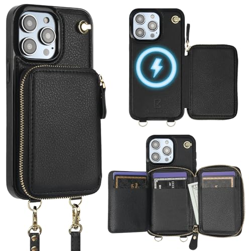 Bocasal for MagSafe Crossbody Wallet Case Compatible with iPhone 14 Pro Max, RFID Blocking Protective Purse Case with Card Slots Holder Kickstand Wrist Strap Lanyard Zipper 6.7 Inch 5G (Black)