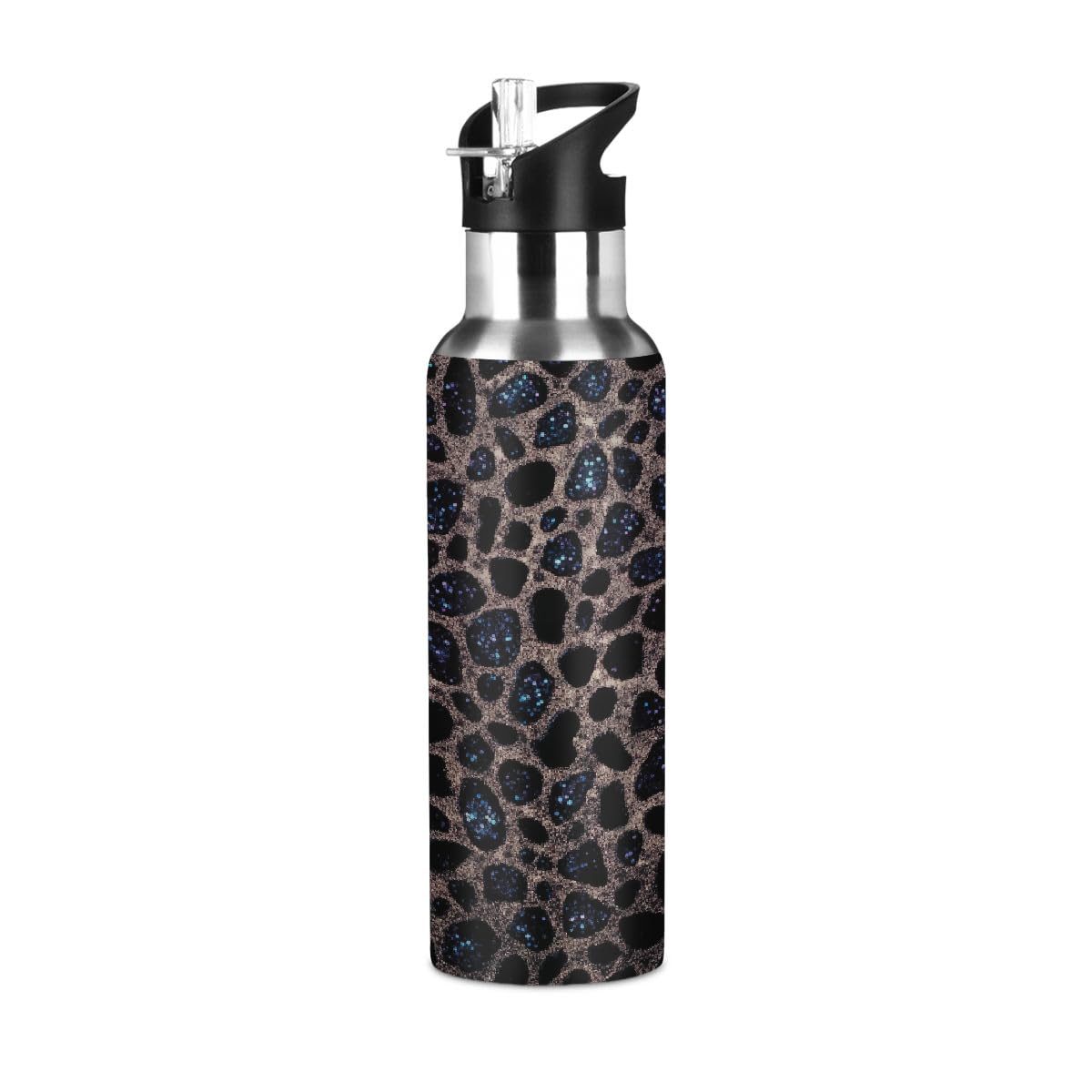 Woltant Leopard Print Marble Vacuum Insulated Stainless Steel Water Bottle 600 ml Sports Water Bottle With Straw Leak-Proof for Work Travel Gym