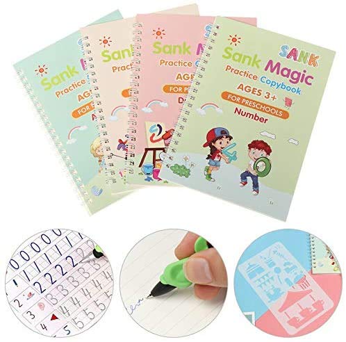 Magisches Kalligraphie-Set Für Kinder – 4 Bücher + Zauberstift, Wiederverwendbar (Zahlen, Buchstaben, Mathe)