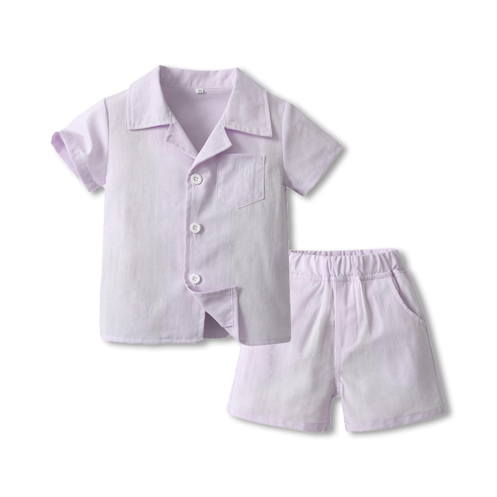 AngelBabies Kurzarm-Set für Jungen Einfarbiges Baumwollhemd mit Reverskragen Bequeme Shirts Lässige Shorts Atmungsaktiv Schnell Trocknend Oberteil Sommer Alter 2-6 Jahre