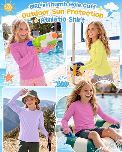 Image of 3 Pack Girls' Rash Guard Swim Long Sleeve Shirt UPF 50+ UV Sun Protection Quick Dry Tee with Thumb Holes 5-14Y