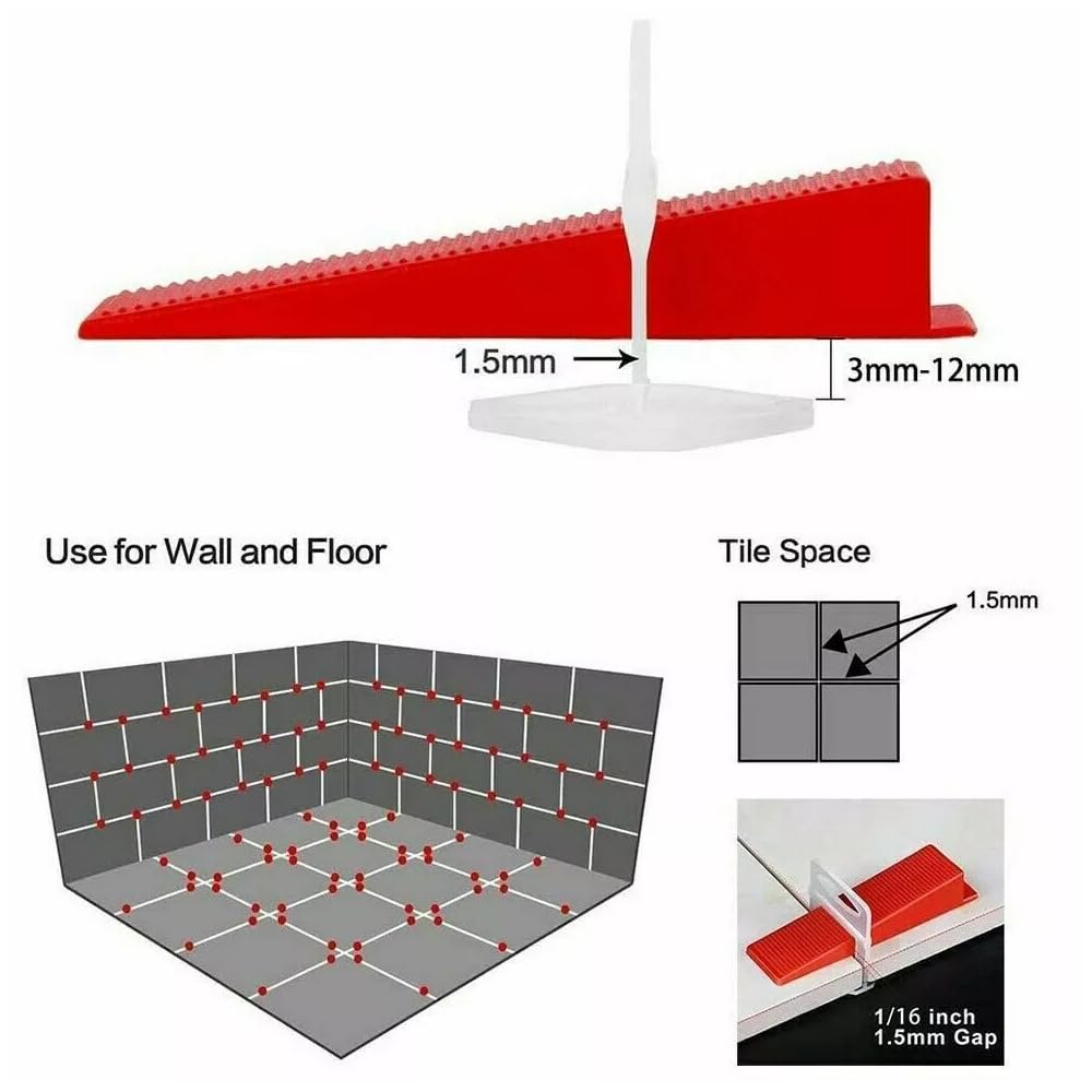 NEWFUN Croisillon Carrelage Autonivelant, Croisillon Autonivelant 2mm, Calle de Nivellement pour Carrelage, Dresseuse de Carreaux pour La Pose de Pierres (400 tirettes 200 Cales, 2,0mm)