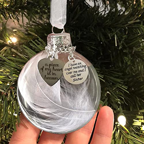 Clear Christmas Memorial Ornament Feather Ball, A Piece of My Heart is in Heaven Loss of Loved One Sister Christmas Tree Hanging Sympathy Gift with Silk Ribbon & Red Gift Box