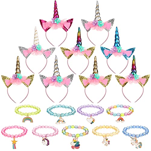 Jexine 18 Piece Unicorn Party Favors Include 9 Unicorn Horn Headbands Bulk Glitter Ears Flower ๏ผ 9 Rainbow Beaded Bracelets for Girls Friendship Gift for Christmas Birthday Party Decoration
