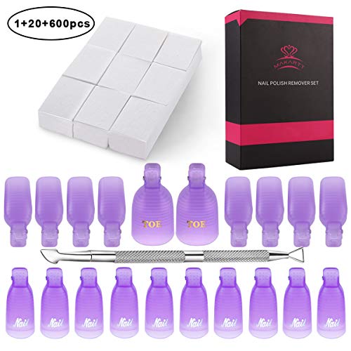 Makartt Gel Nail Polish Remover Clips Kit with 10pcs Finger Clips 10pcs Toenail Clips 600pcs Nail Wipe Cotton Pads 1 Nail Scraper Pusher, R-04