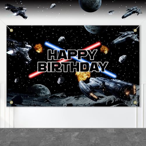 Space Battleship Wars Themed Birthday Decorations Backdrop Banner Large Size 3 x 5Ft Star Galaxy Universe Background Banner for Baby Boys Kids Party Decorations