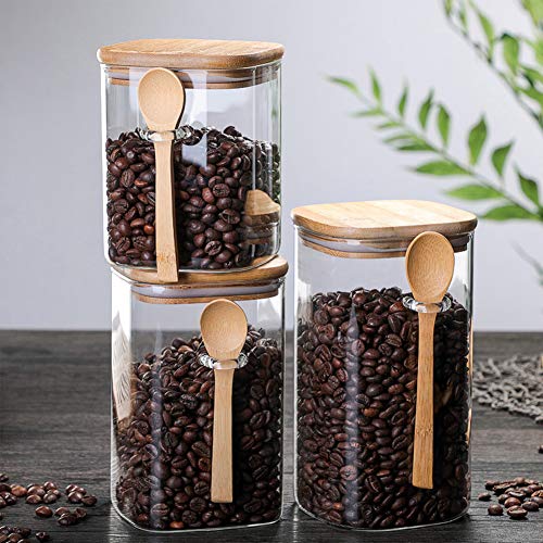 Glass Storage Jar With Wood Lids And Spoon, Airtight Sealed Clear Borosilicate Glass Canister Kitchen Food Storage Containers For Coffee Beans Loose Tea Nuts Sugar Candy Spice (1000Ml) #TOP5
