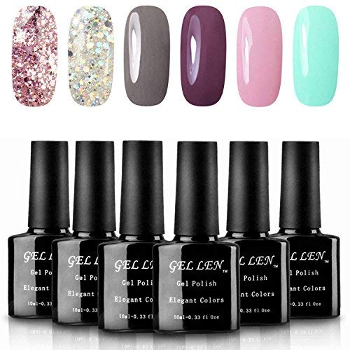 Gellen Gel Nail Polish Kit - 6 Colors Pink Light Aquamarine Gray Gel Polish Set, Gliiter Nail Polish Home Gel Manicure Kit