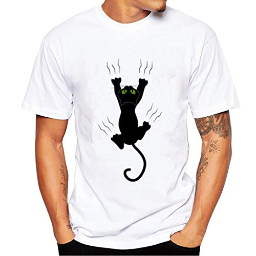 Camisetas Hombre Manga Corta,Venmo Hombres 'Gato Negro' impresión Camisetas Divertidas con Manga Corta Camisa Estampada Camiseta Deporte (Blanco, L)